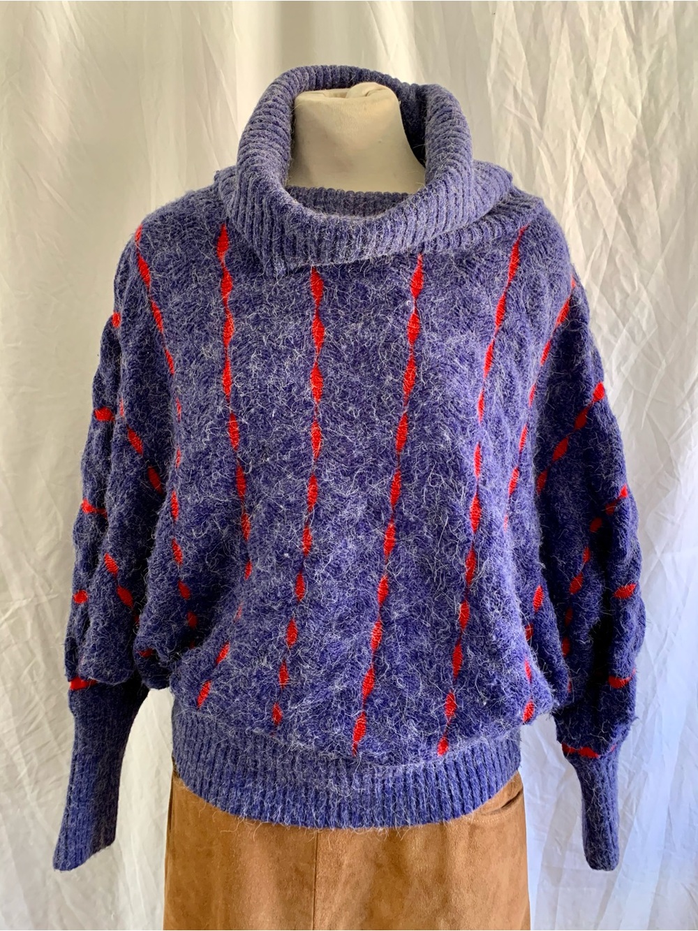Purple Cowl Neck Sweater with Red Stripe Accents vintage 80s L Gil Aimbez